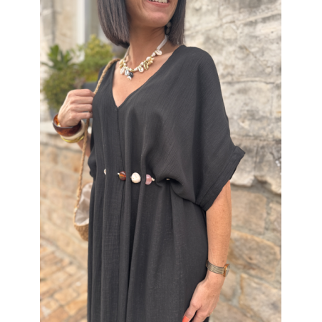 Robe longue fluide noire ou bleu marine avec ceinture coquillages – Taille unique jusqu’à 42