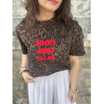 Tee-shirt léopard à message rouge – Taille unique jusqu’à 42, manches courtes