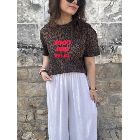 Tee-shirt léopard à message rouge – Taille unique jusqu’à 42, manches courtes