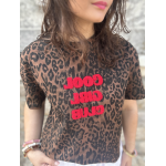 Tee-shirt léopard à message rouge – Taille unique jusqu’à 42, manches courtes
