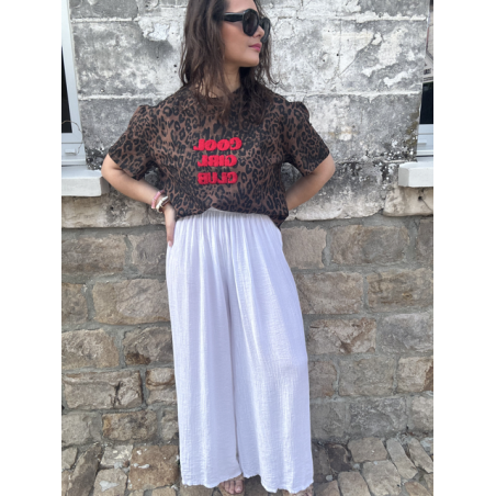 Tee-shirt léopard à message rouge – Taille unique jusqu’à 42, manches courtes