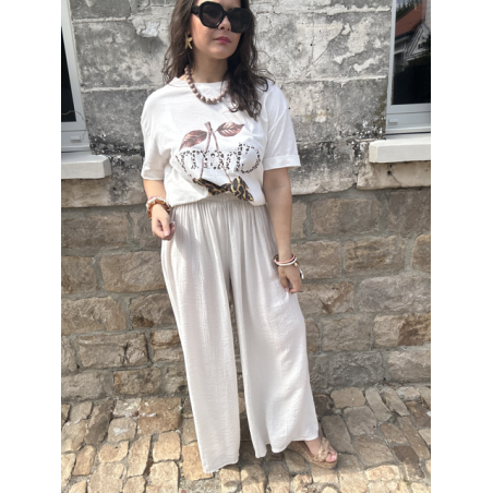 Pantalon fluide satin blanc ou beige – Taille élastique, taille unique jusqu’à 42