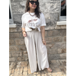 Pantalon fluide satin blanc ou beige – Taille élastique, taille unique jusqu’à 42