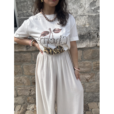 Pantalon fluide satin blanc ou beige – Taille élastique, taille unique jusqu’à 42