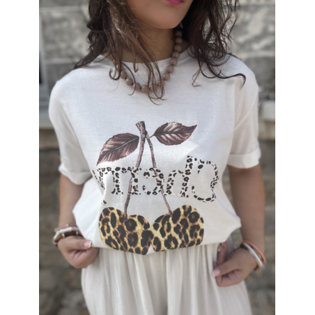 Top blanc motif cerise et léopard – Manches courtes, taille unique jusqu’à 42