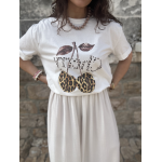 Top blanc motif cerise et léopard – Manches courtes, taille unique jusqu’à 42