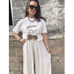 Top blanc motif cerise et léopard – Manches courtes, taille unique jusqu’à 42