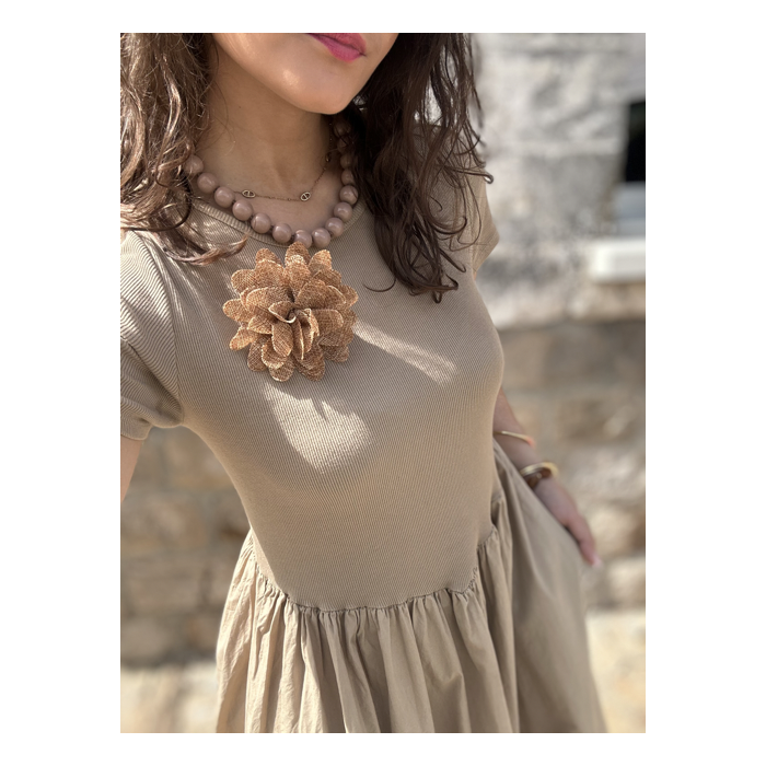 Robe longue bi-matière beige – Haut côtelé & jupe satinée, taille unique jusqu’à 42