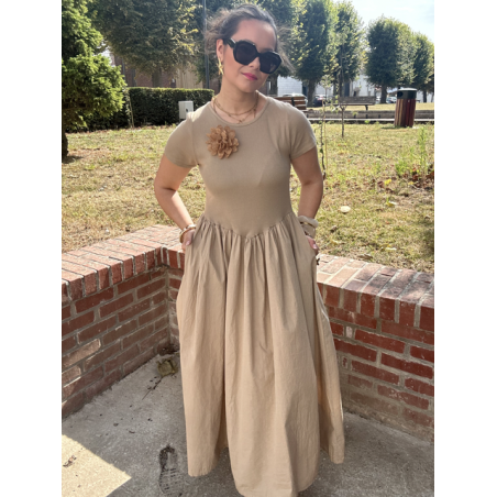 Robe longue bi-matière beige – Haut côtelé & jupe satinée, taille unique jusqu’à 42