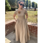 Robe longue bi-matière beige – Haut côtelé & jupe satinée, taille unique jusqu’à 42