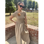 Robe longue bi-matière beige – Haut côtelé & jupe satinée, taille unique jusqu’à 42