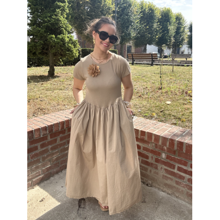 Robe longue bi-matière beige – Haut côtelé & jupe satinée, taille unique jusqu’à 42