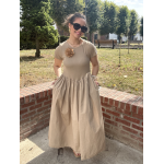 Robe longue bi-matière beige – Haut côtelé & jupe satinée, taille unique jusqu’à 42