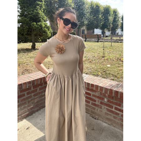 Robe longue bi-matière beige – Haut côtelé & jupe satinée, taille unique jusqu’à 42