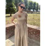 Robe longue bi-matière beige – Haut côtelé & jupe satinée, taille unique jusqu’à 42