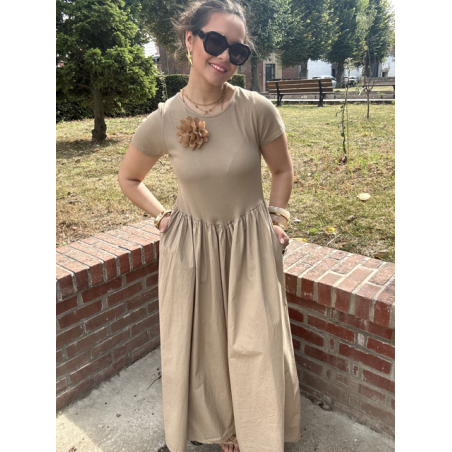 Robe longue bi-matière beige – Haut côtelé & jupe satinée, taille unique jusqu’à 42