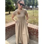 Robe longue bi-matière beige – Haut côtelé & jupe satinée, taille unique jusqu’à 42