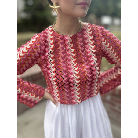 Top court tissé rouge rose – Manches amples – Taille S - M ou L | Melle Jeanne