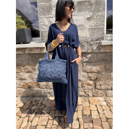 Robe longue fluide noire ou bleu marine avec ceinture coquillages – Taille unique jusqu’à 42