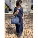 Robe longue fluide noire ou bleu marine avec ceinture coquillages – Taille unique jusqu’à 42
