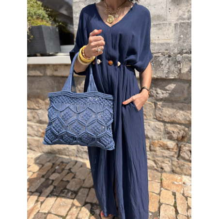 Robe longue fluide noire ou bleu marine avec ceinture coquillages – Taille unique jusqu’à 42