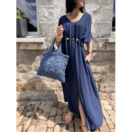 Robe longue fluide noire ou bleu marine avec ceinture coquillages – Taille unique jusqu’à 42