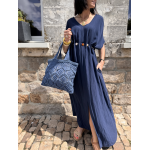 Robe longue fluide noire ou bleu marine avec ceinture coquillages – Taille unique jusqu’à 42