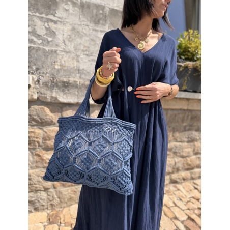 Robe longue fluide noire ou bleu marine avec ceinture coquillages – Taille unique jusqu’à 42