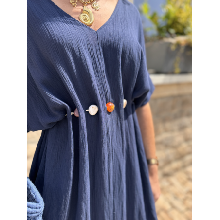 Robe longue fluide noire ou bleu marine avec ceinture coquillages – Taille unique jusqu’à 42
