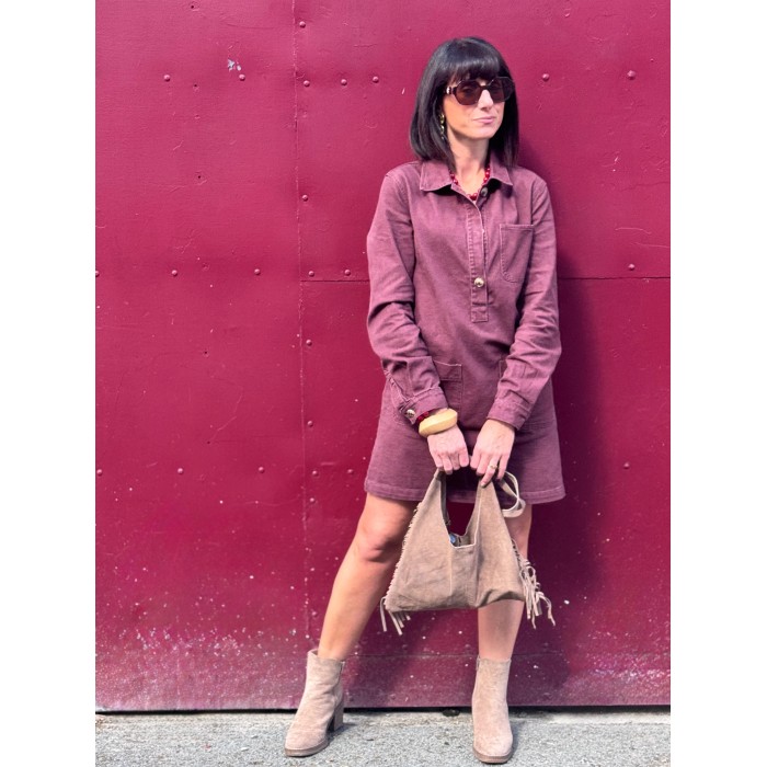 Robe chemise femme en jean souple – Bordeaux ou Marron glacé