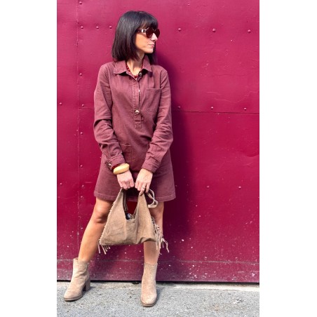 Robe chemise femme en jean souple – Bordeaux ou Marron glacé