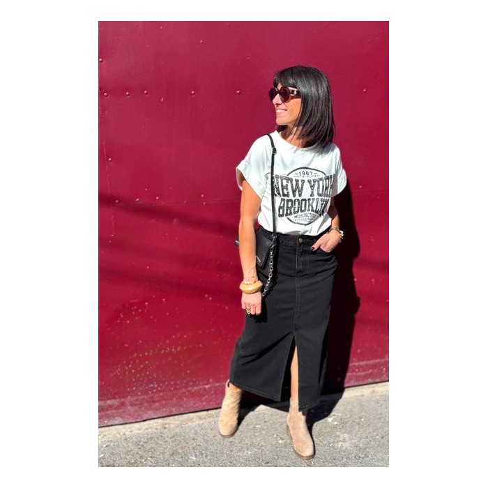 Jupe Longue Scool – Jupe en Jean Noir Taille Haute avec Fente Élégante