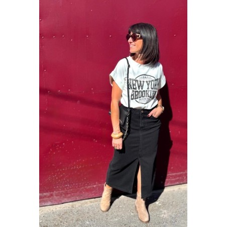 Jupe Longue Scool – Jupe en Jean Noir Taille Haute avec Fente Élégante