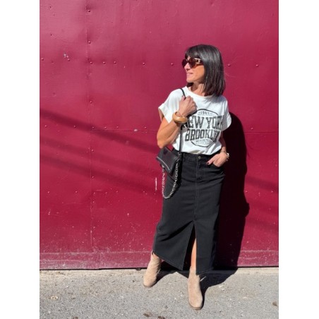 Jupe Longue Scool – Jupe en Jean Noir Taille Haute avec Fente Élégante