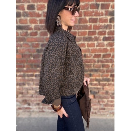 Veste en Jean Léopard Femme – Coupe droite avec Poches (SM, ML)