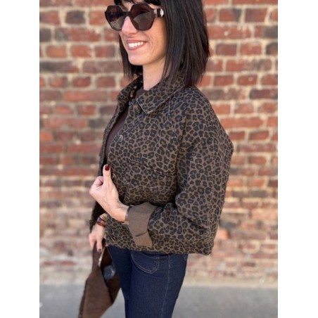 Veste en Jean Léopard Femme – Coupe droite avec Poches (SM, ML)