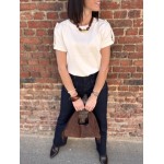 Maille Femme Manches Courtes – Col Rond, Détails Ourlet (Marron ou Écru)