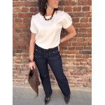 Maille Femme Manches Courtes – Col Rond, Détails Ourlet (Marron ou Écru)
