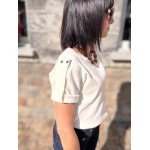 Maille Femme Manches Courtes – Col Rond, Détails Ourlet (Marron ou Écru)