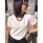 Maille Femme Manches Courtes – Col Rond, Détails Ourlet (Marron ou Écru)