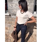 Maille Femme Manches Courtes – Col Rond, Détails Ourlet (Marron ou Écru)