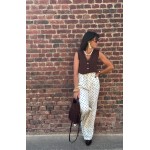 Pantalon Blanc Fluide Femme – Taille Haute à Pois Marron (S, M, L)