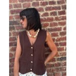 Boléro Marron Femme – Col V avec Boutons Dorés (SM, ML)