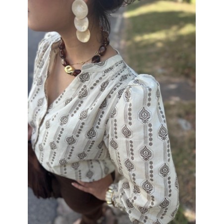Blouse bohème écru à motifs marron – Boutique Arras