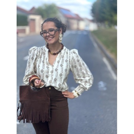Blouse bohème écru à motifs marron – Boutique Arras