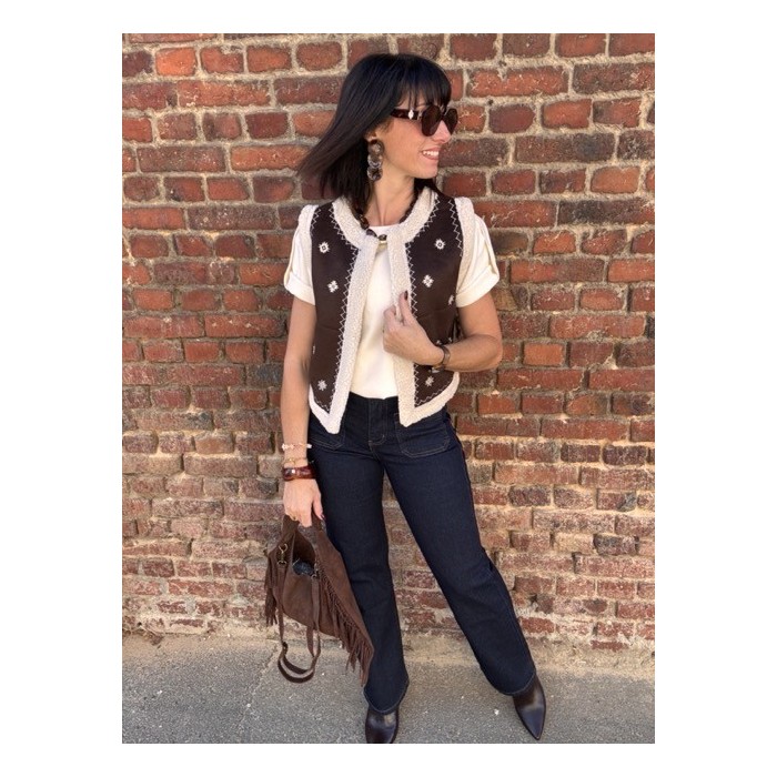 Gilet Sans Manches Femme – Moumoute et Suédine avec Broderie Blanche (S, M, L)