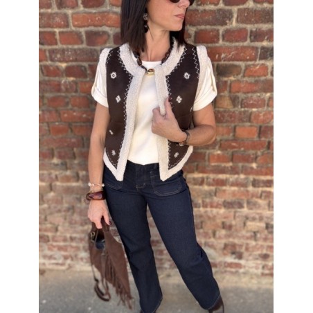 Gilet Sans Manches Femme – Moumoute et Suédine avec Broderie Blanche (S, M, L)