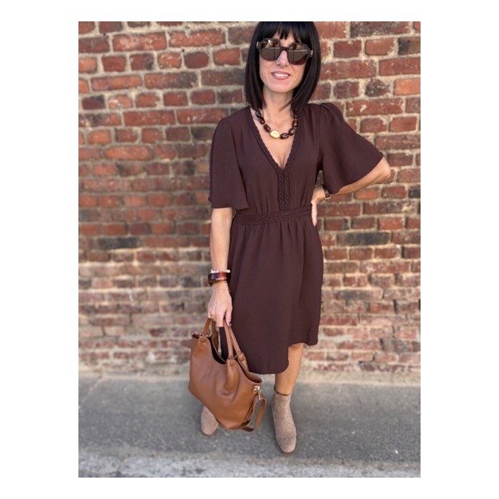 Robe Marron Fluide Femme – Col V avec Détails Tressés (XS au XL)