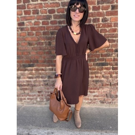 Robe Marron Fluide Femme – Col V avec Détails Tressés (XS au XL)