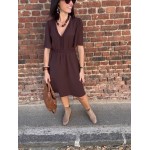 Robe Marron Fluide Femme – Col V avec Détails Tressés (XS au XL)